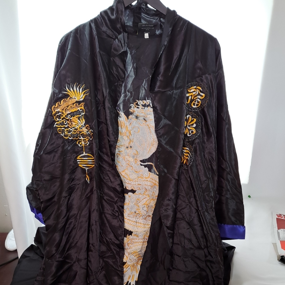 Luxurious Black Kimono Robe and Pants(no Belt) with Gold Embroidery Costume